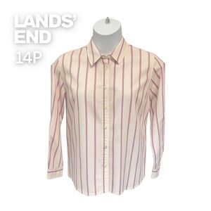 Lands’ End Women’s No Iron Striped Button Front Shirt 14P Lavender n White Layer